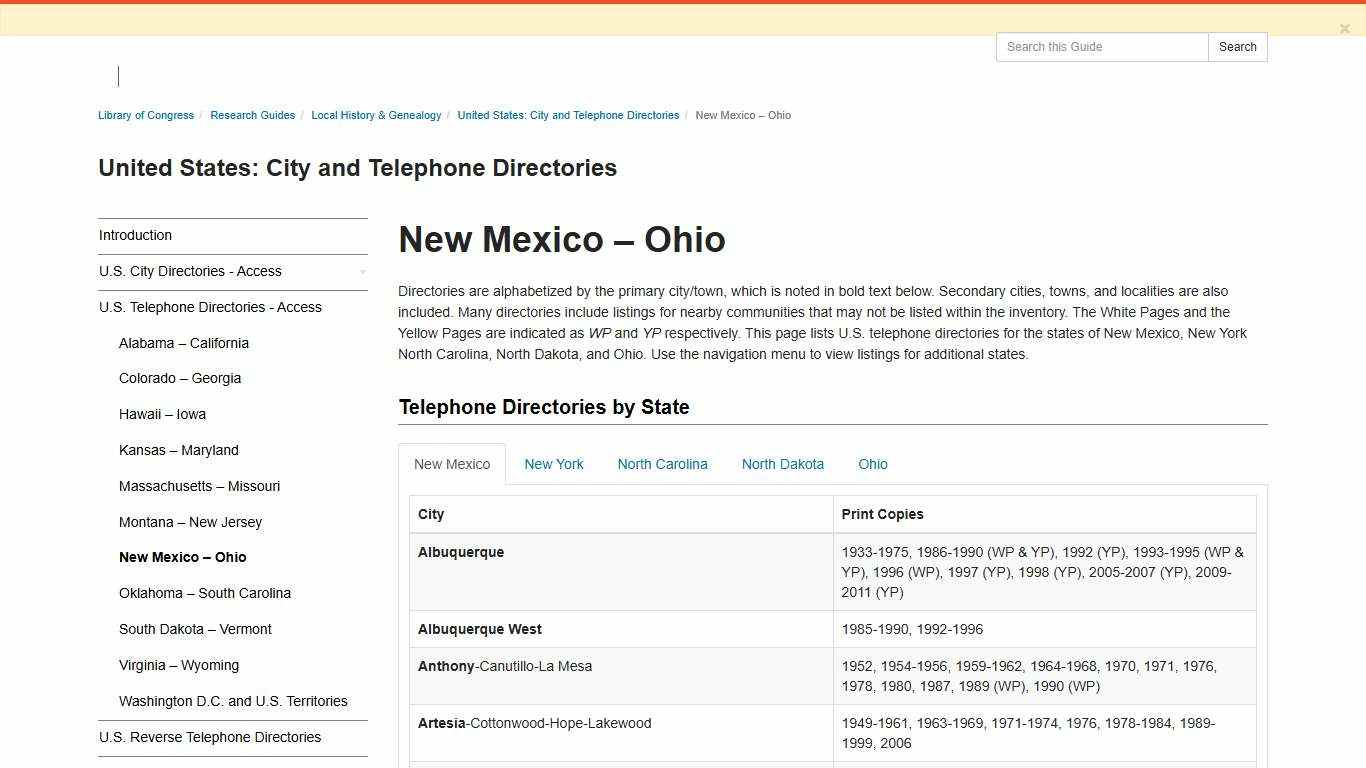 New Mexico – Ohio - United States: City and Telephone Directories - Research Guides at Library of Congress